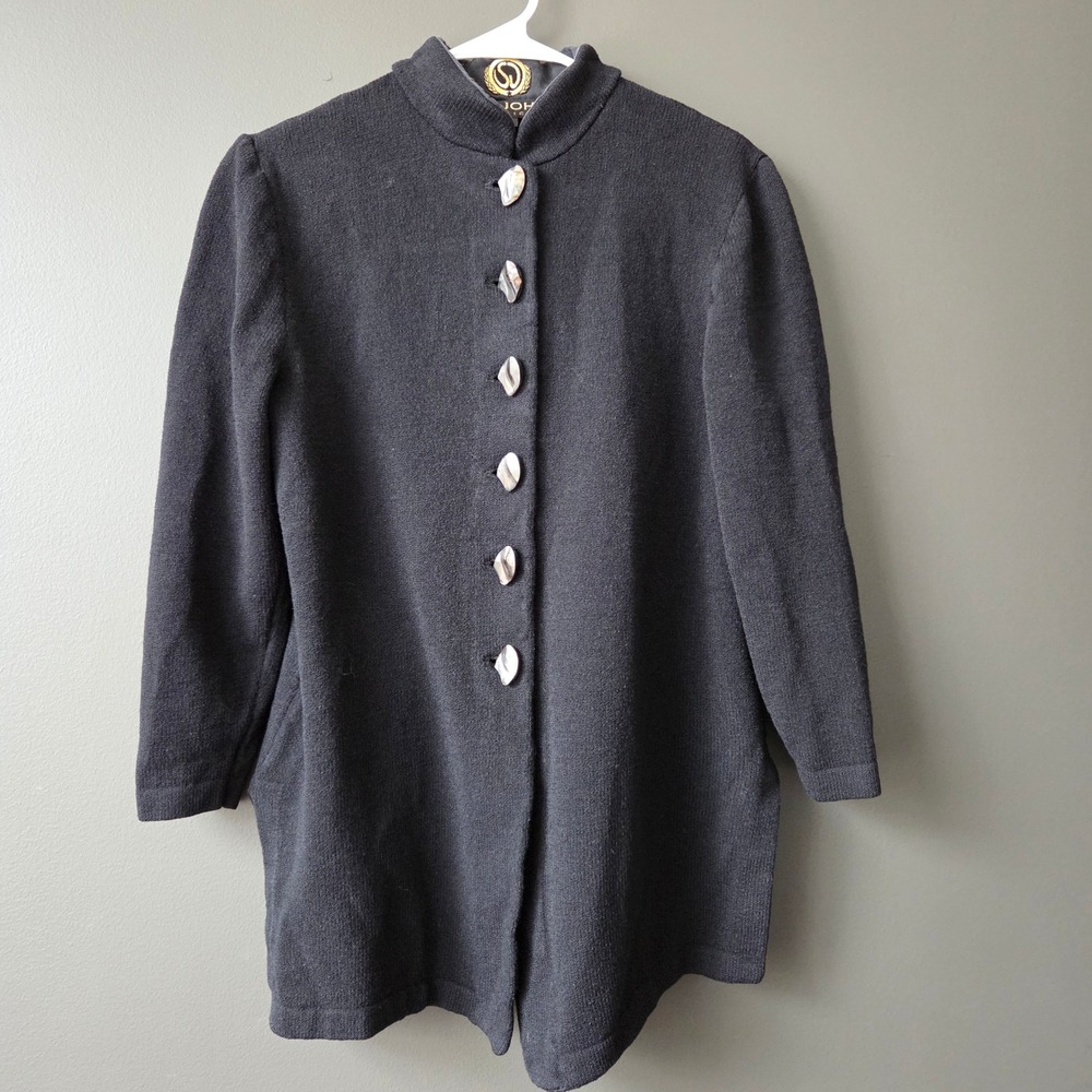 St John Basics Womens‎ Black Mock Neck Button Front Knit Long Cardigan Sweater M